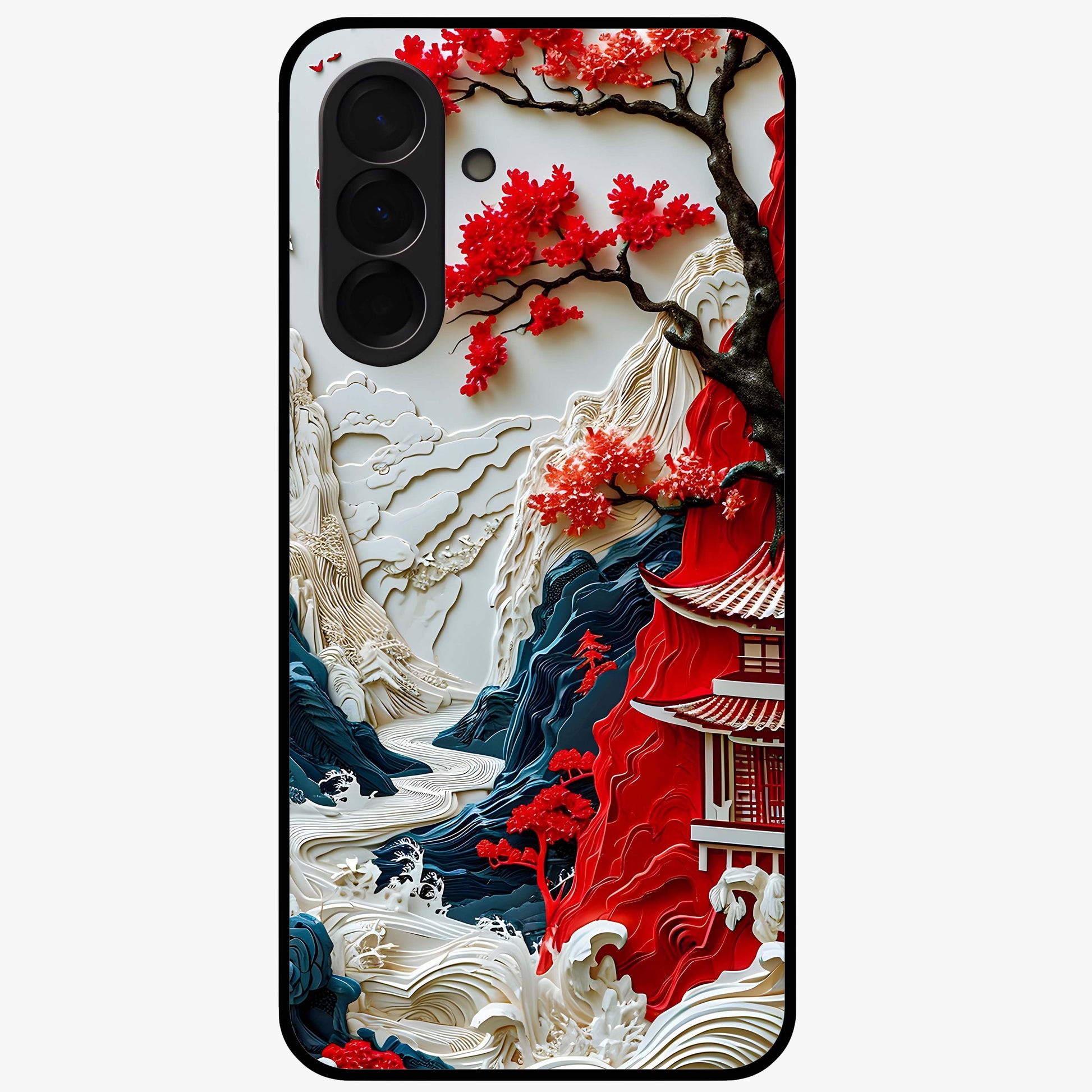 Whispers Of Sakura Waves Glass Case showing flat back view with cherry blossom wave artwork and glossy glass finish.