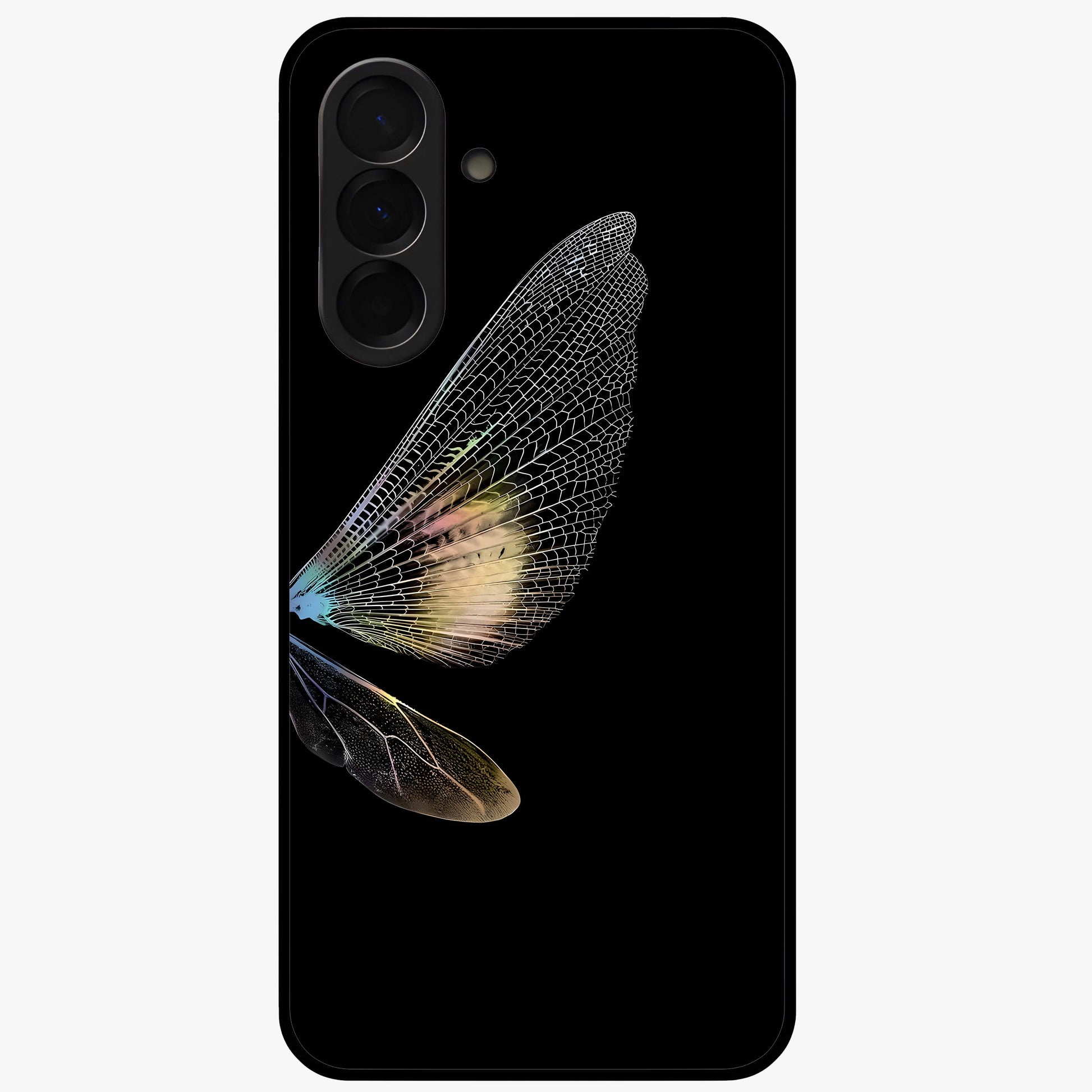 Whispers Of Wings Glass Case showing flat back view with graceful wing inspired artwork and glossy glass finish.