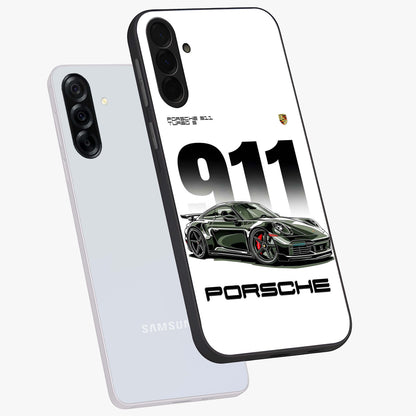 911 Turbo Dominance Glass Case displayed in premium angled mockup highlighting sporty car illustration and sleek glass surface.