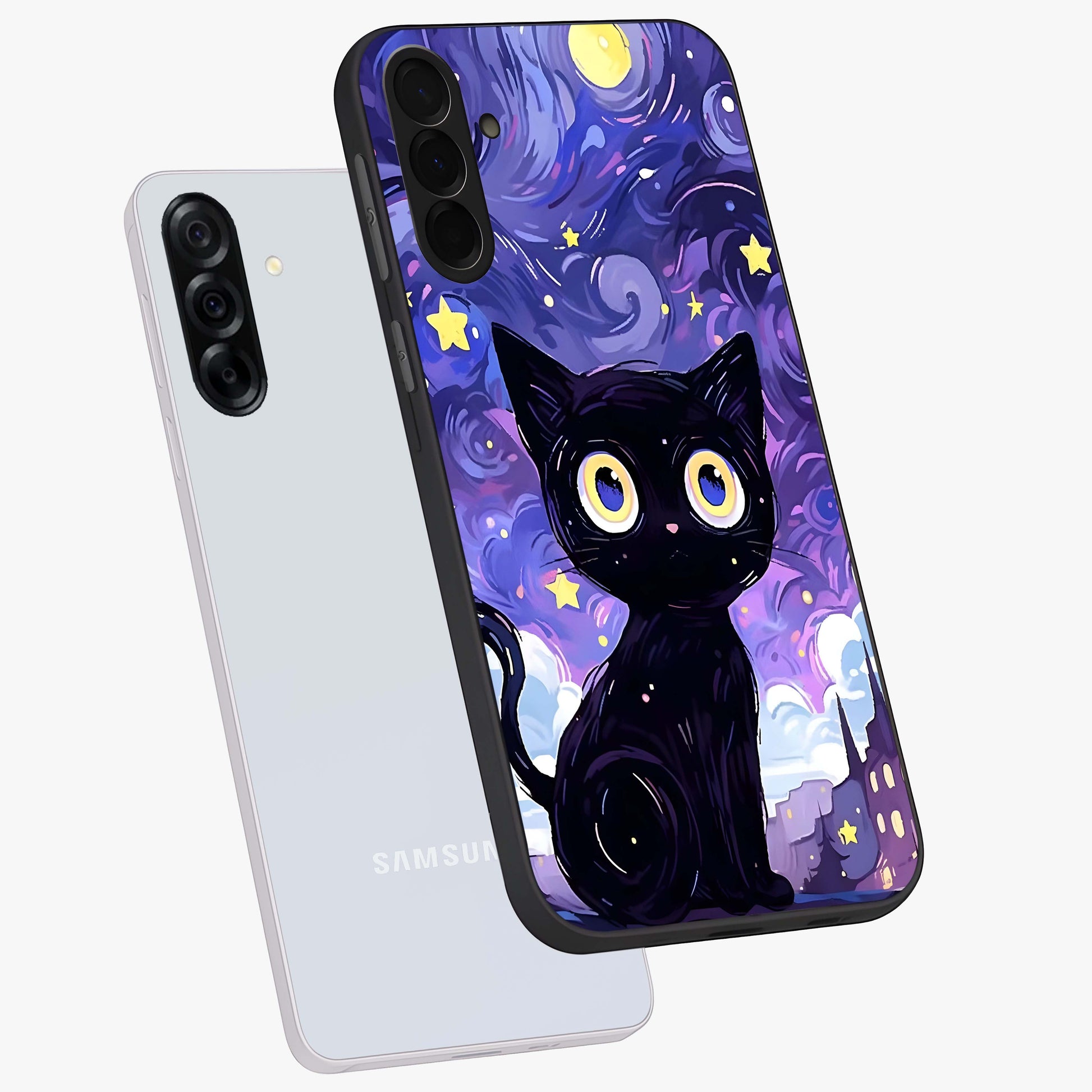 Abstract Cat Art Glass Case displayed in angled mockup highlighting modern abstract cat artwork and sleek glass surface.