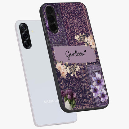 Antique Floral Whisper Custom Name Glass Case displayed in angled mockup highlighting elegant antique floral aesthetic.