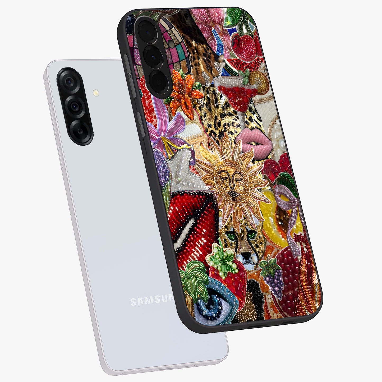 Beaded Fashion Jungle Glass Case displayed in angled mockup highlighting colorful fashion bead design and artistic pattern.