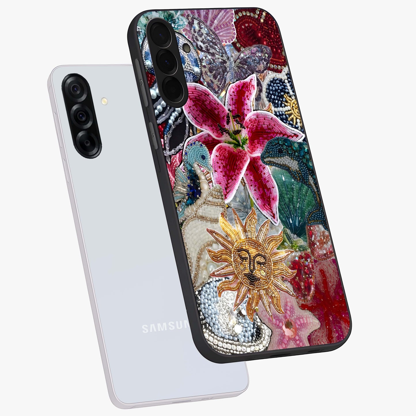 Beaded Garden Fantasy Glass Case displayed in angled mockup highlighting fantasy inspired floral bead pattern.