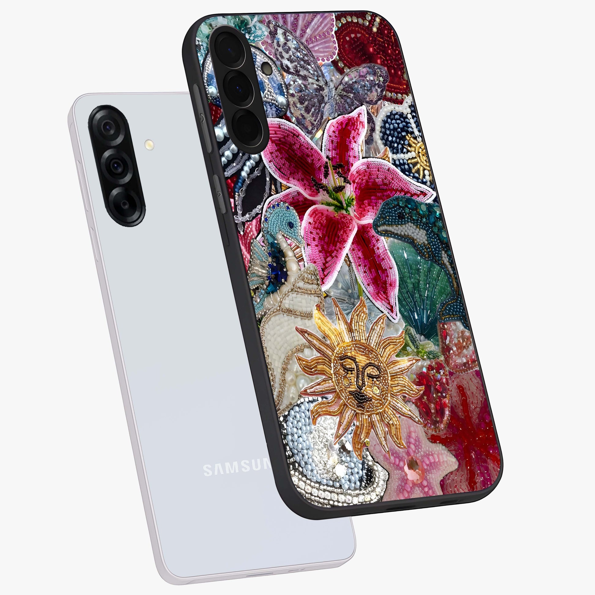 Beaded Garden Fantasy Glass Case displayed in angled mockup highlighting fantasy inspired floral bead pattern.