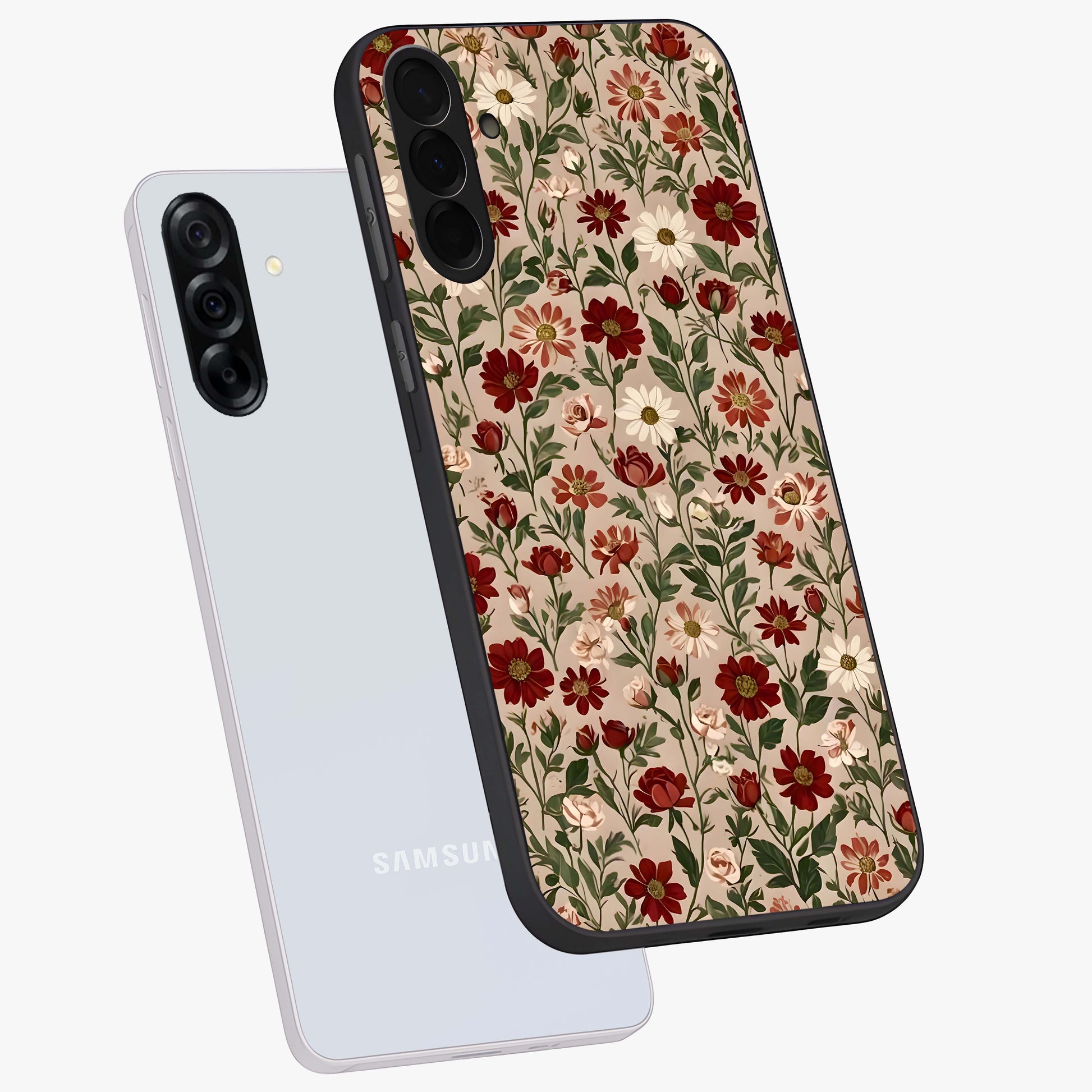 Biege Flower With Leaf Glass Case displayed in angled mockup highlighting minimal floral leaf design and elegant aesthetic.