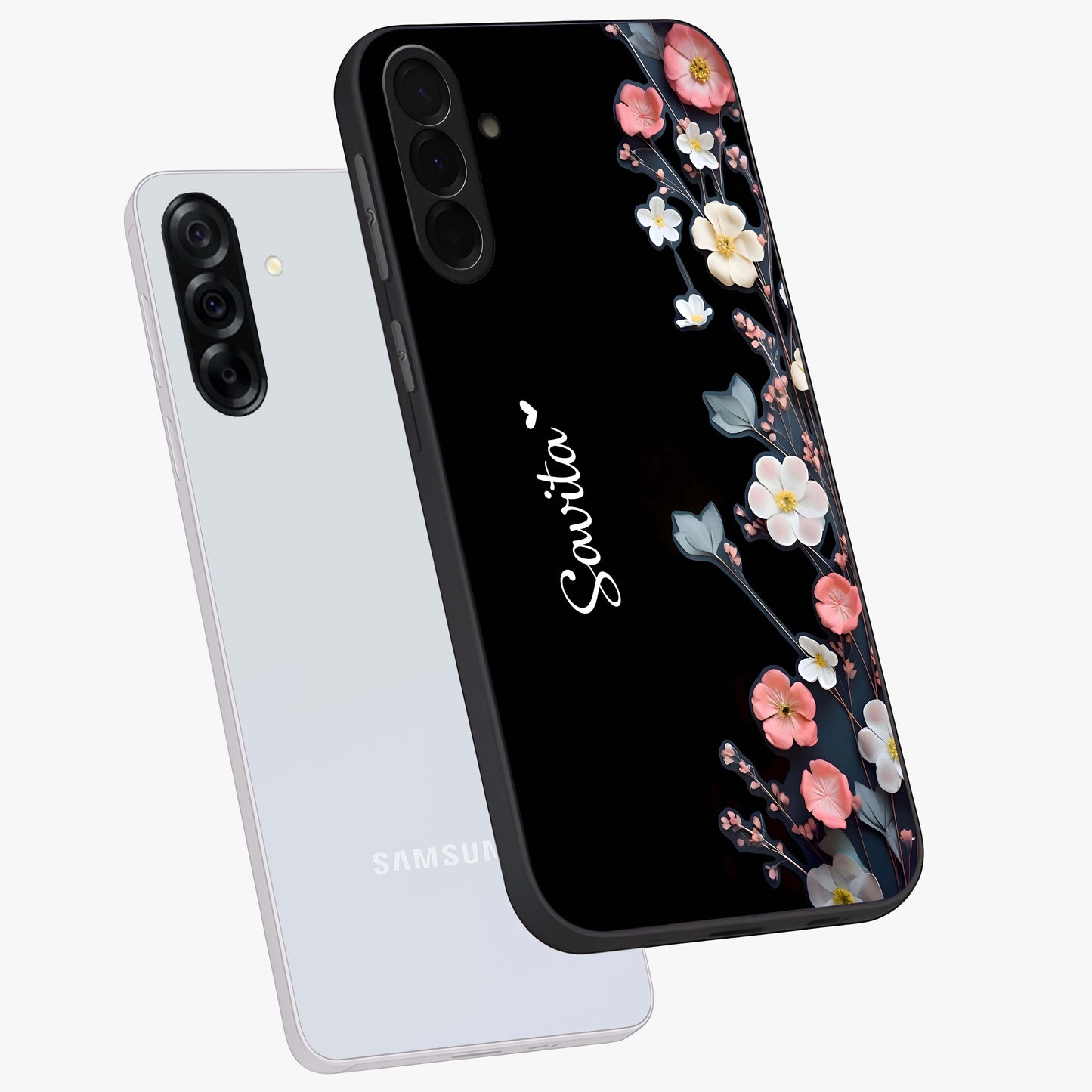 Black Elegance Floral Custom Name Glass Case displayed in angled mockup highlighting dark floral aesthetic and custom name feature.