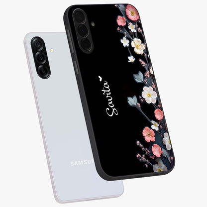 Black Elegance Floral Custom Name Glass Case displayed in angled mockup highlighting dark floral aesthetic and custom name feature.