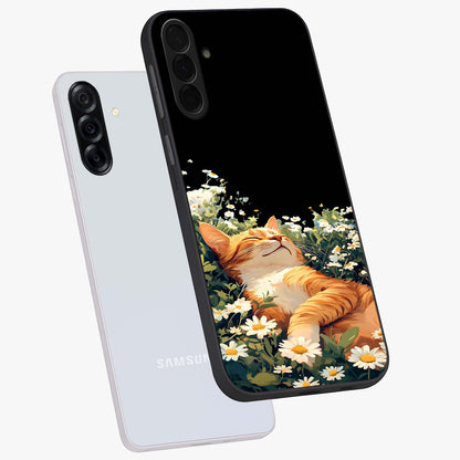 Blissful Bloom Cat Glass Case displayed in angled mockup highlighting playful feline illustration with soft floral aesthetic.