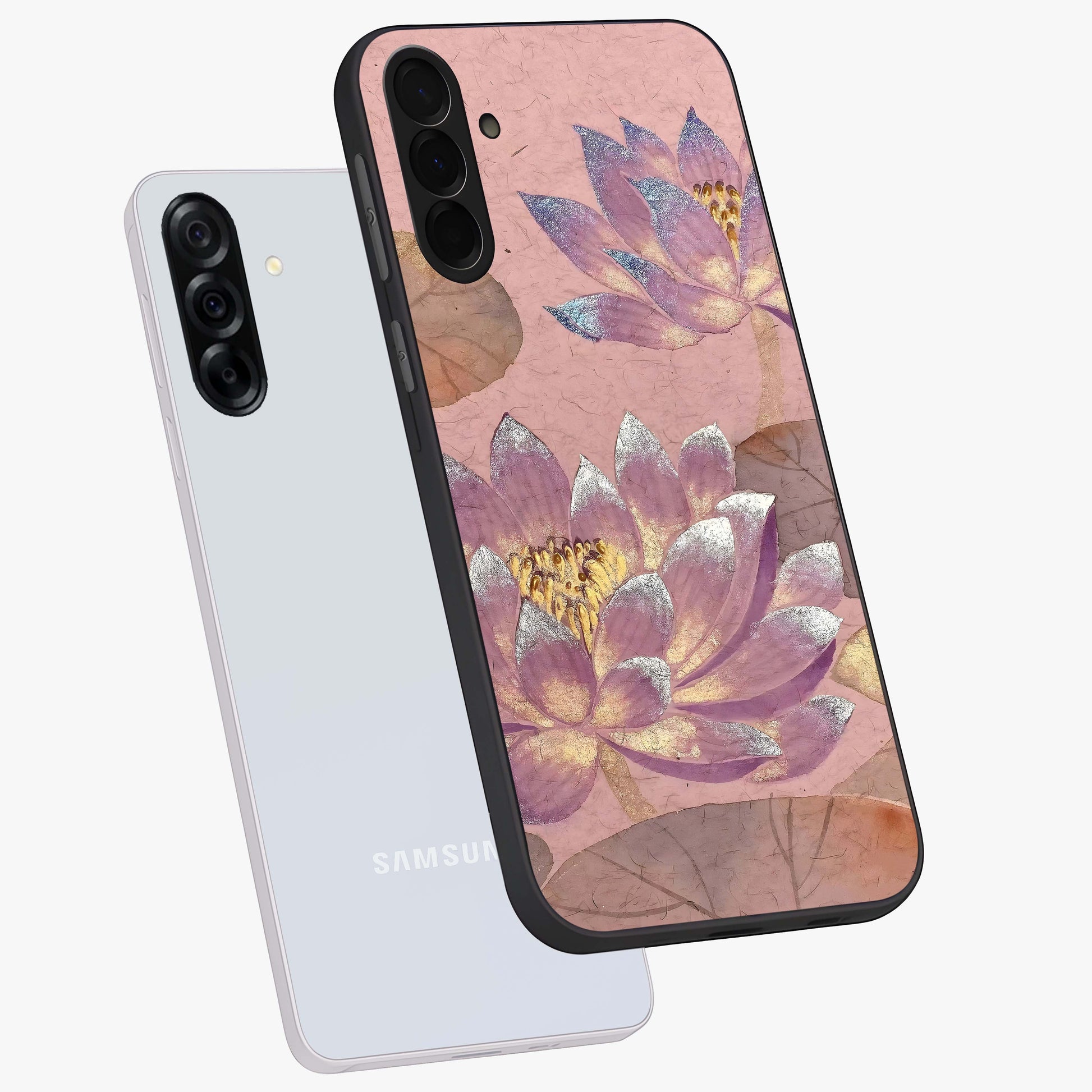 Blossom Mist Lotus Glass Case displayed in angled mockup highlighting delicate lotus illustration with calm aesthetic theme.