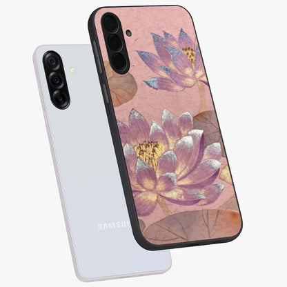 Blossom Mist Lotus Glass Case displayed in angled mockup highlighting delicate lotus illustration with calm aesthetic theme.