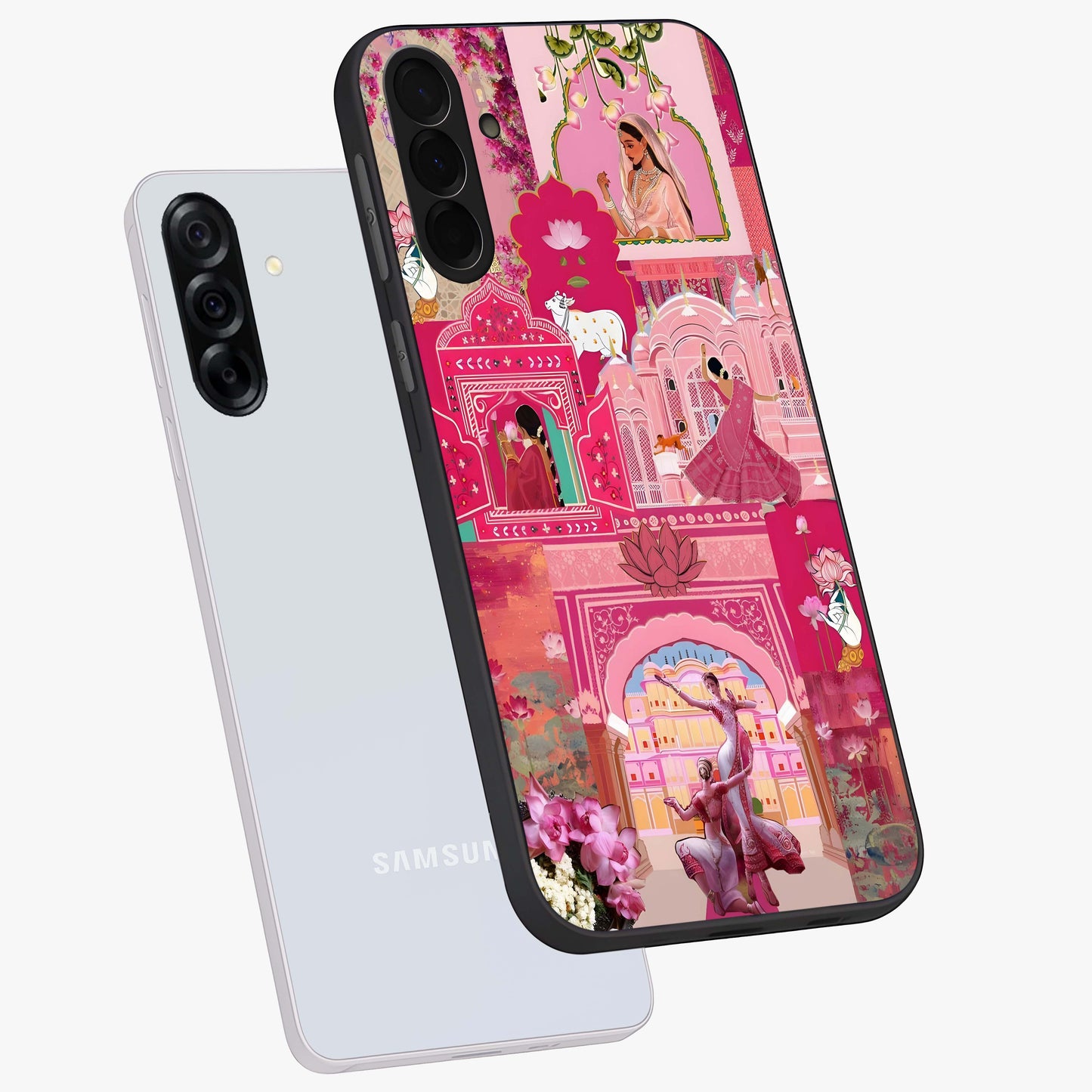 Blossoms of Rajasthan Glass Case displayed in angled mockup highlighting vibrant floral pattern with cultural aesthetic style.