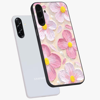 Blush Bloom Texture Glass Case displayed in angled mockup highlighting subtle bloom pattern with aesthetic pastel design.