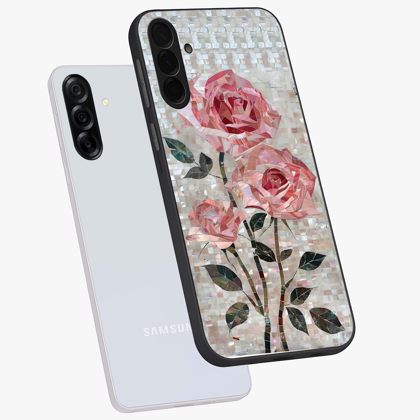 Blush Mosaic Bloom Glass Case displayed in angled mockup highlighting artistic mosaic flower pattern with aesthetic design.