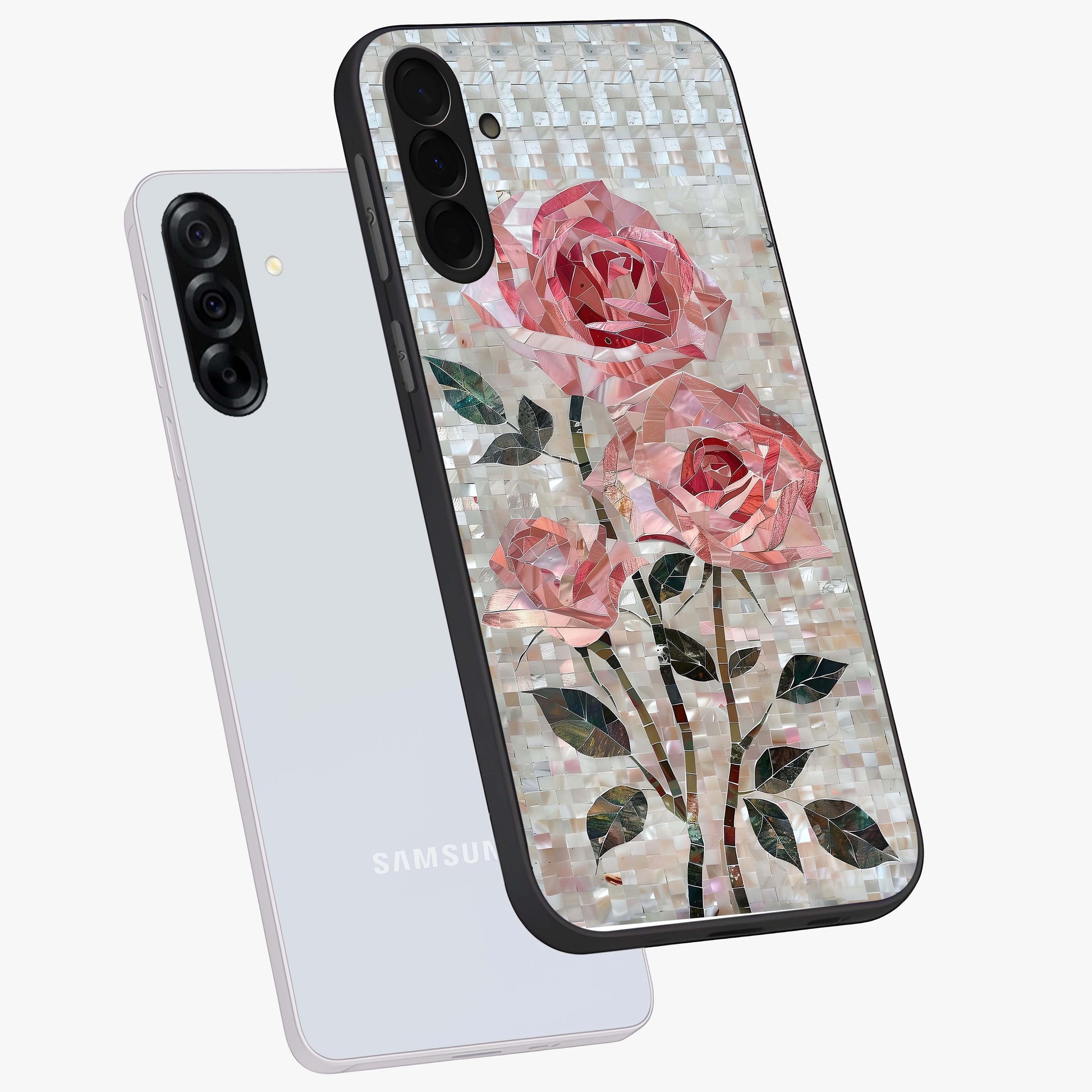 Blush Mosaic Bloom Glass Case displayed in angled mockup highlighting artistic mosaic flower pattern with aesthetic design.