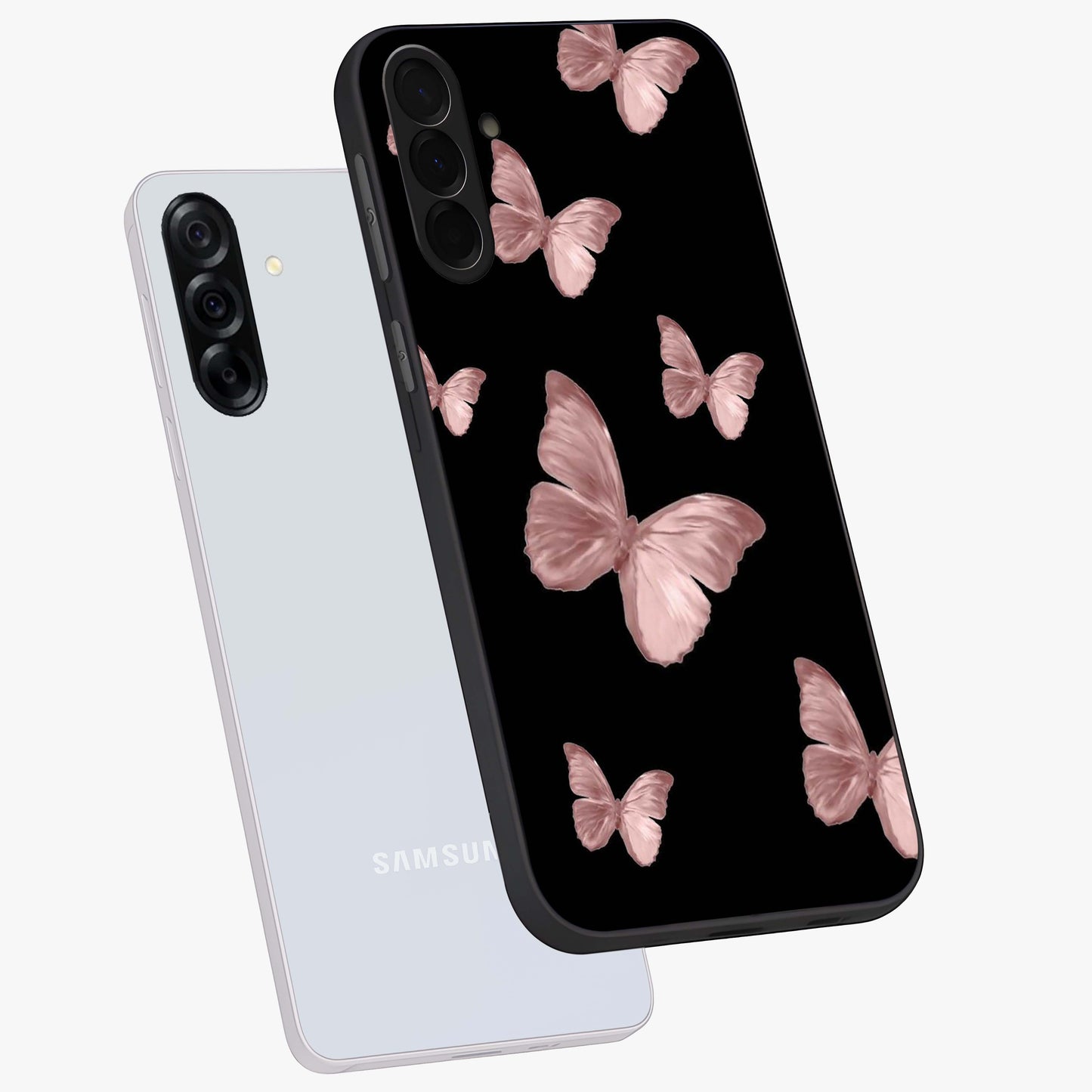 Butterfly Pattern Glass Case displayed in angled mockup highlighting delicate butterfly design and aesthetic pattern style.