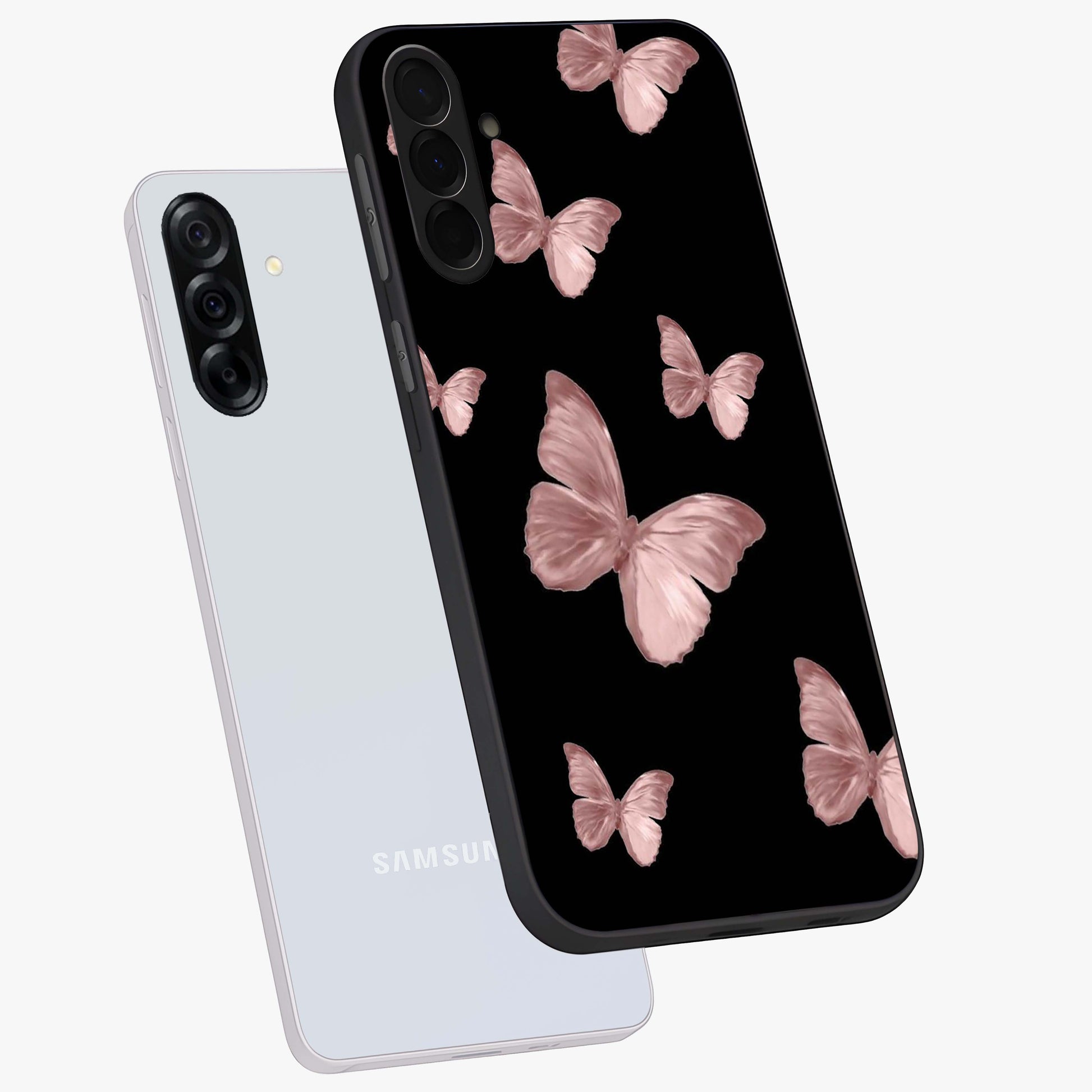 Butterfly Pattern Glass Case displayed in angled mockup highlighting delicate butterfly design and aesthetic pattern style.