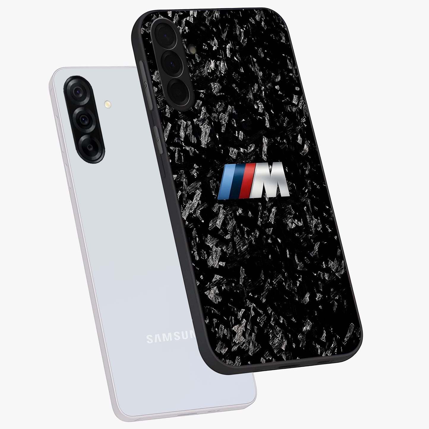 Carbon Speed Mark Glass Case displayed in angled mockup highlighting racing inspired carbon design and sleek aesthetic style.