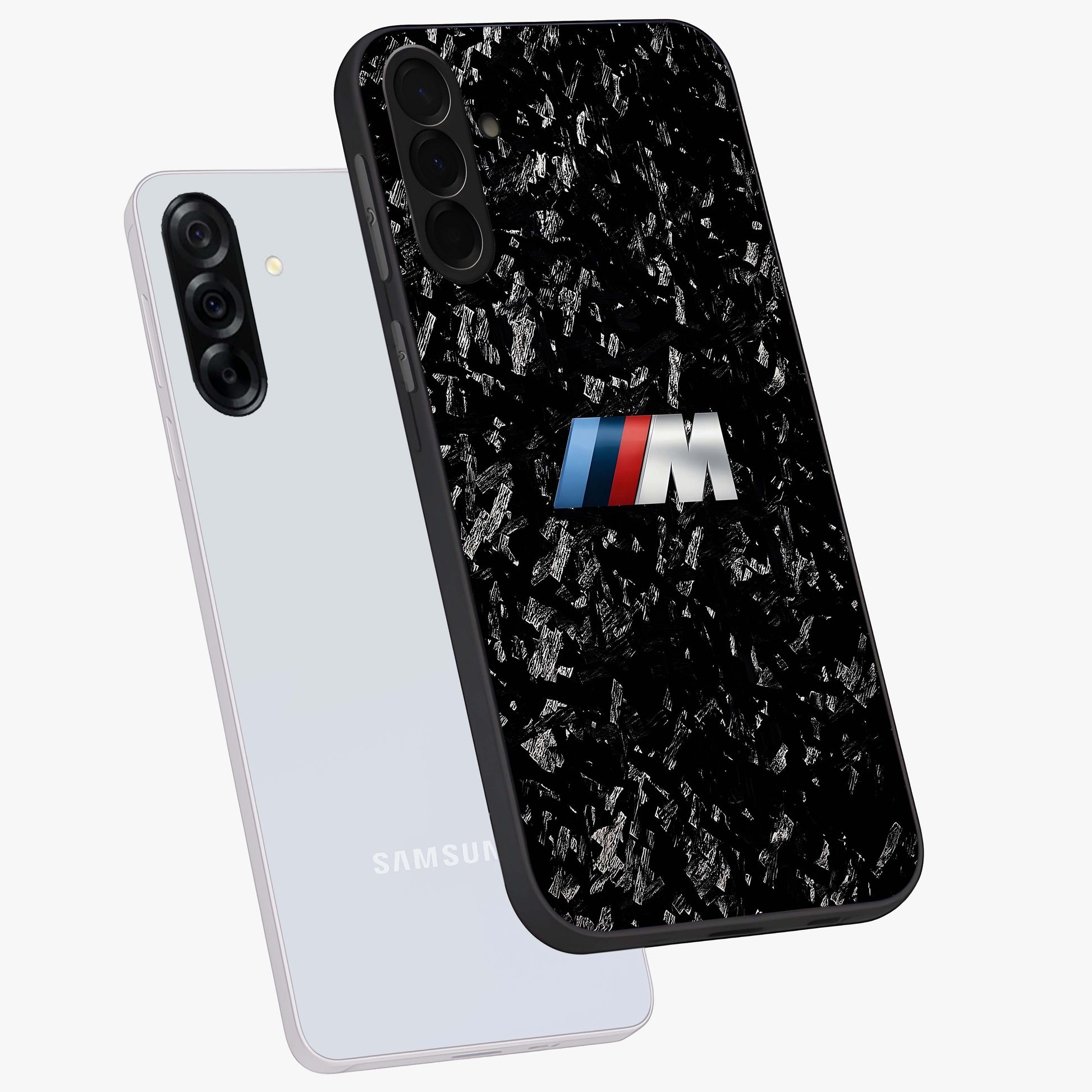 Carbon Speed Mark Glass Case displayed in angled mockup highlighting racing inspired carbon design and sleek aesthetic style.