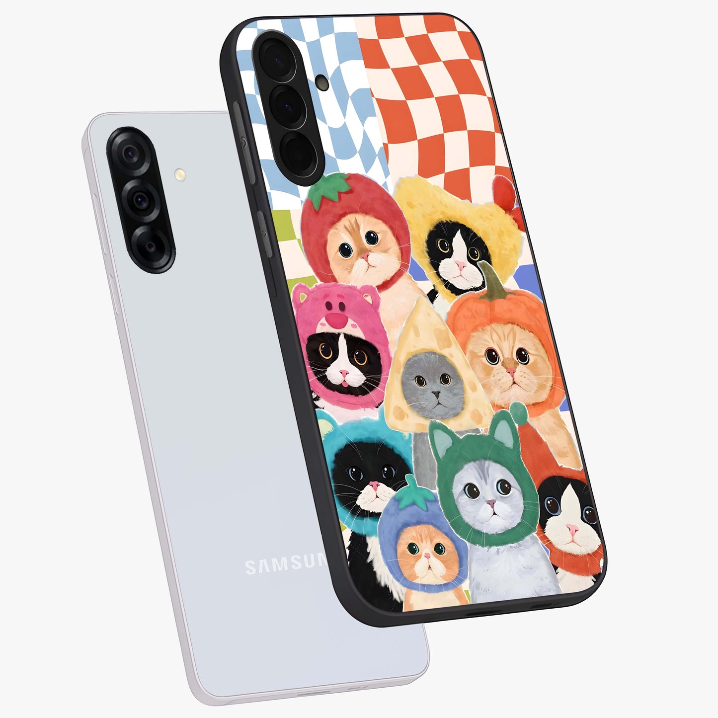 Cats in Fruits Glass Case displayed in angled mockup highlighting cute feline fruit design with colorful aesthetic style.