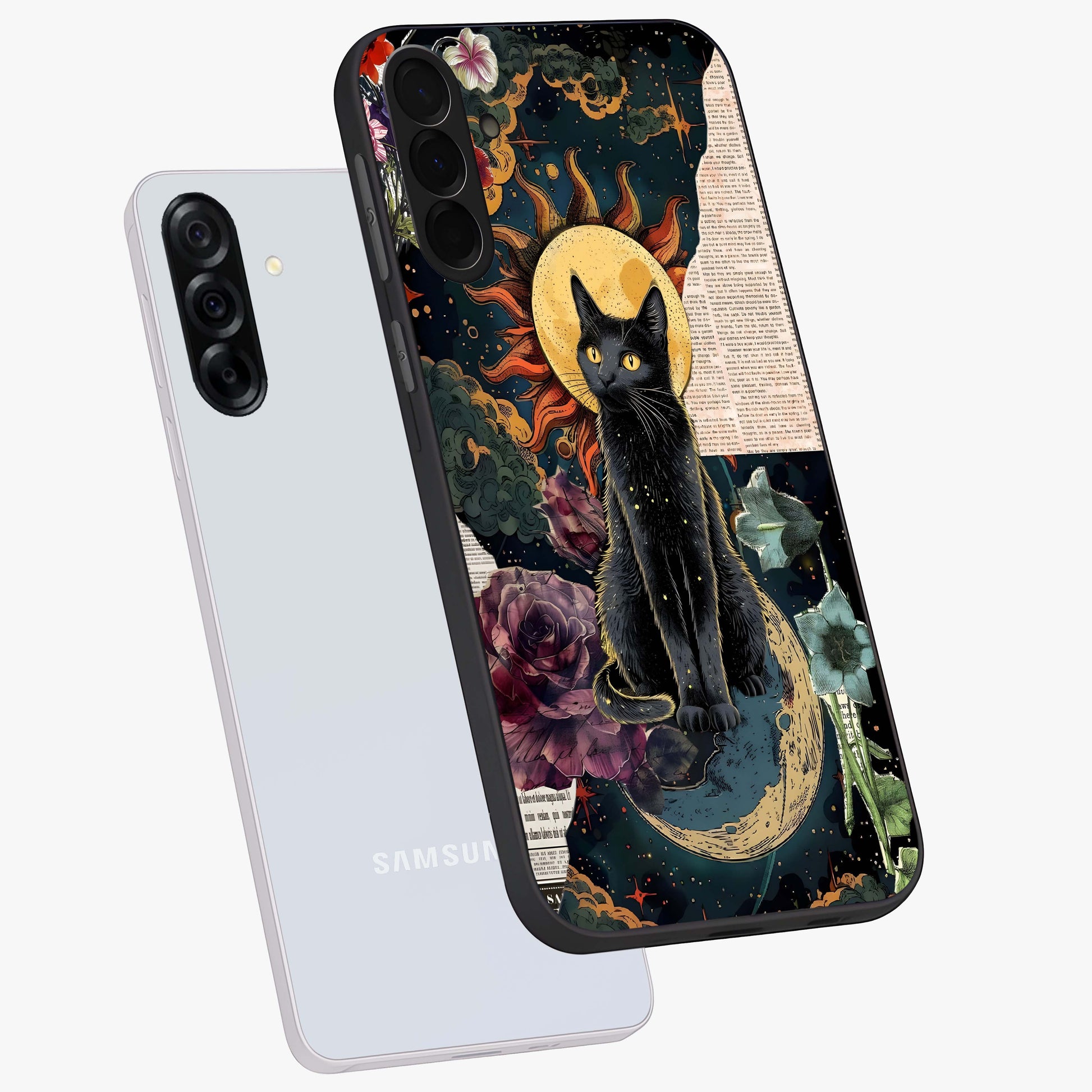 Celestial Black Cat Glass Case displayed in angled mockup highlighting cosmic black cat design with celestial aesthetic.