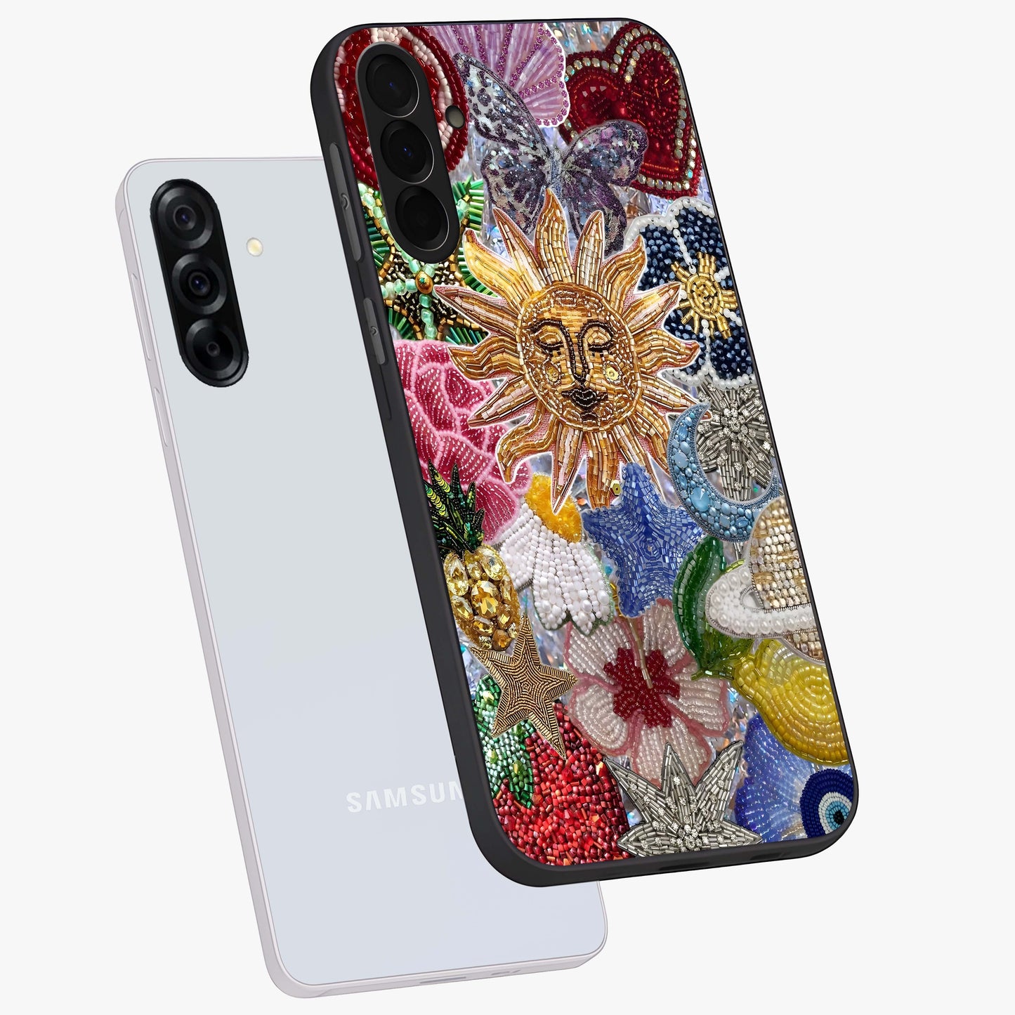 Celestial Floral and Playful Glass Case displayed in angled mockup highlighting playful floral design with dreamy celestial elements.