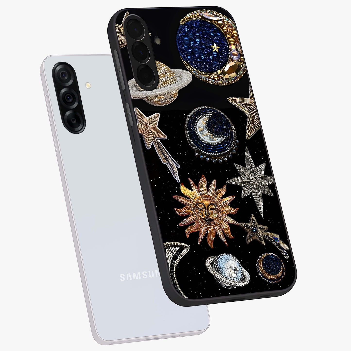 Celestial Gem Constellations Glass Case displayed in angled mockup highlighting gemstone inspired constellation design.