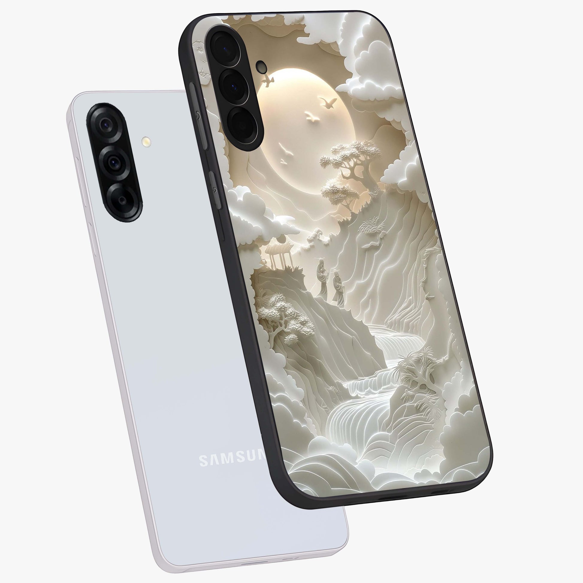 Celestial Origami Glass Case displayed in angled mockup highlighting geometric origami design with cosmic aesthetic theme.