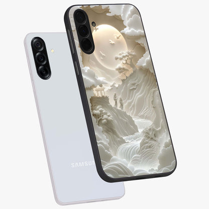 Celestial Origami Glass Case displayed in angled mockup highlighting geometric origami design with cosmic aesthetic theme.