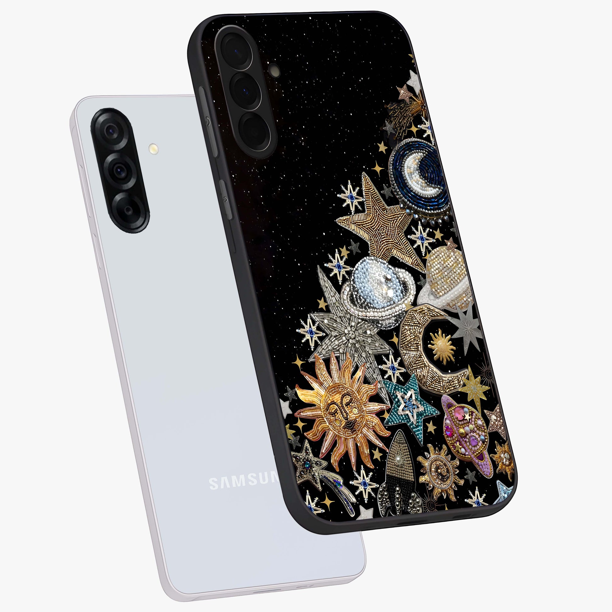 Cosmic Sparkle Dreams Glass Case displayed in angled mockup highlighting dreamy star sparkle design with celestial aesthetic.