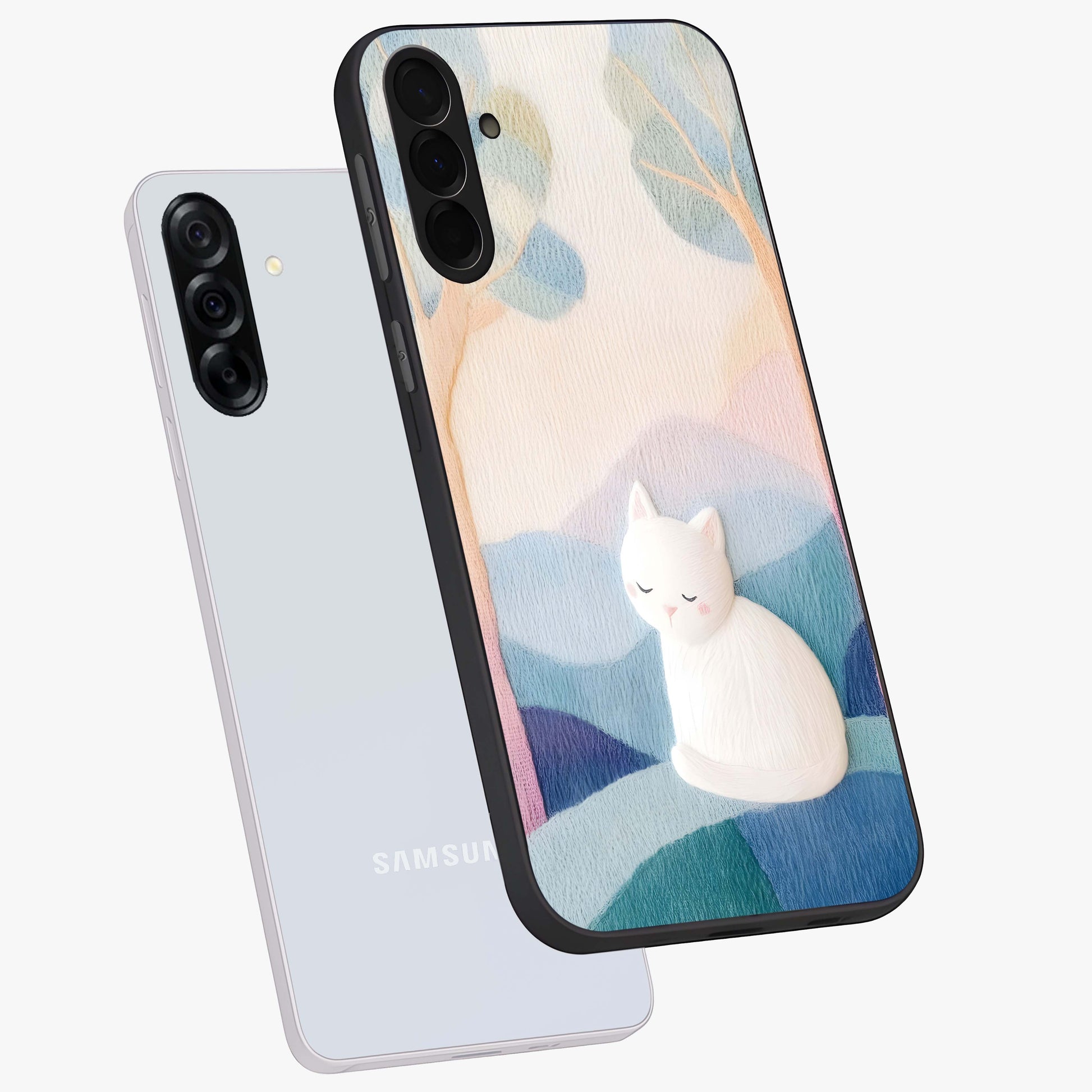 Cotton Dream Cat Glass Case displayed in angled mockup highlighting cute feline illustration with pastel aesthetic style.