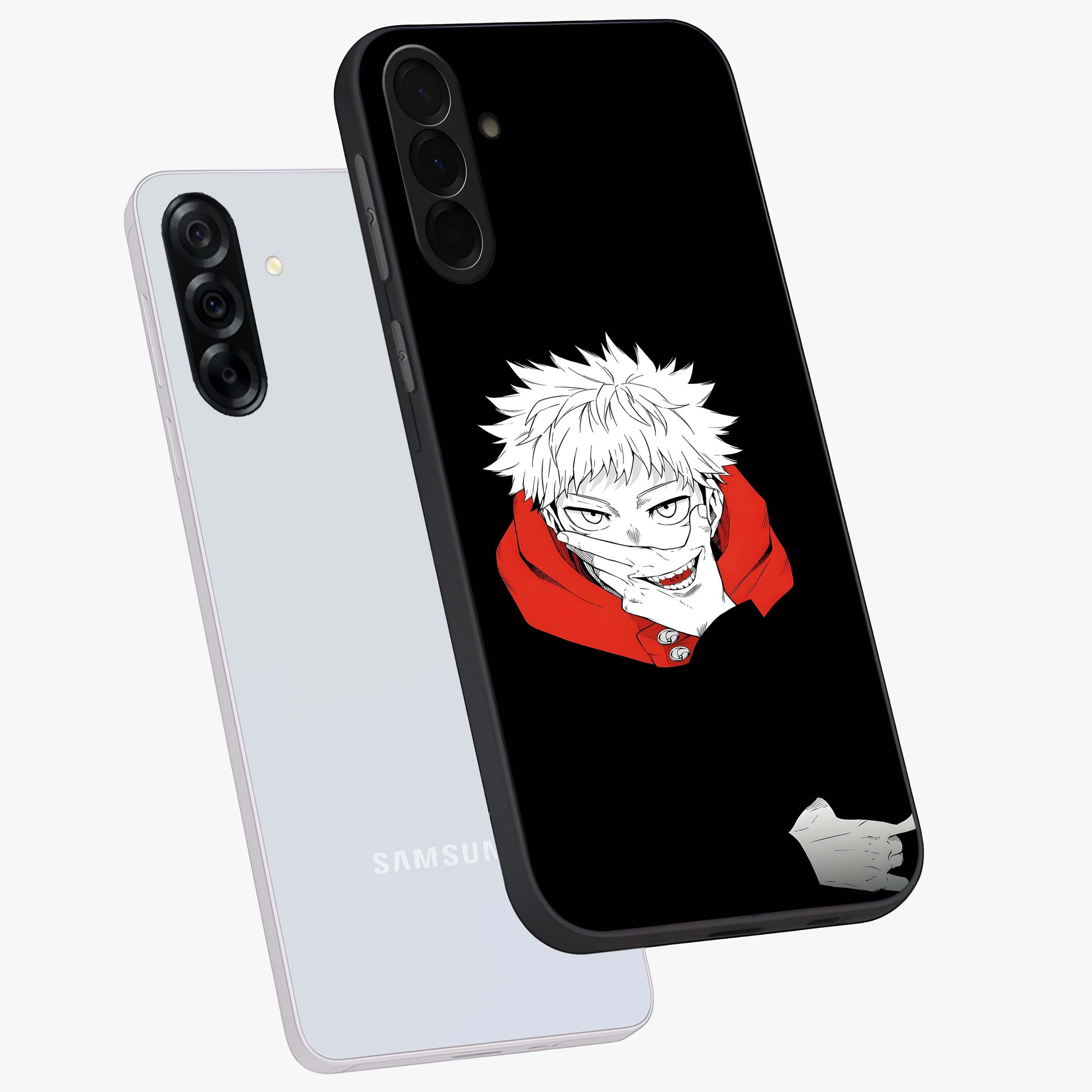 Crimson Chaos Smile Glass Case displayed in angled mockup highlighting edgy crimson smile design with graphic aesthetic.