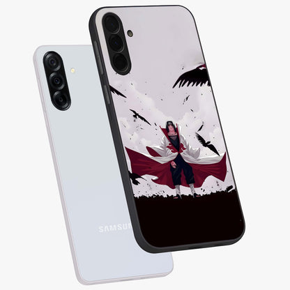 Crimson Crow Ascension Glass Case displayed in angled mockup highlighting powerful crow illustration with dark crimson aesthetic.