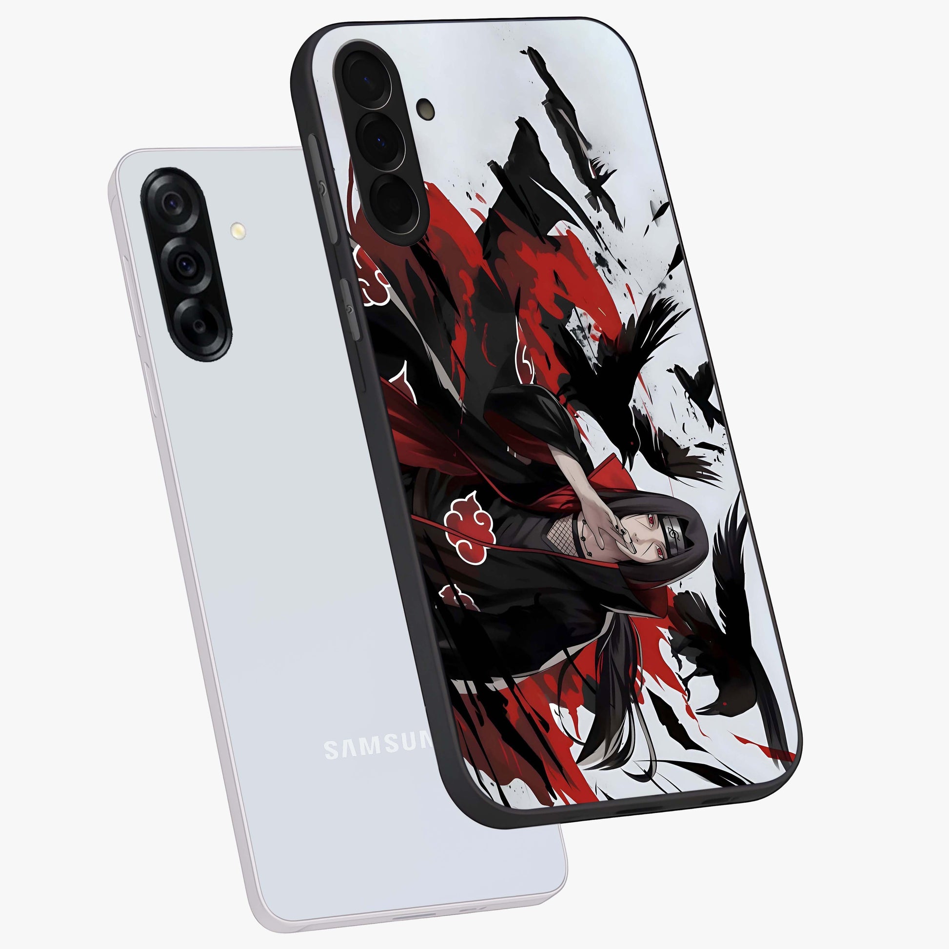 Crimson Crow Illusion Glass Case displayed in angled mockup highlighting mysterious crow graphic with dark aesthetic style.