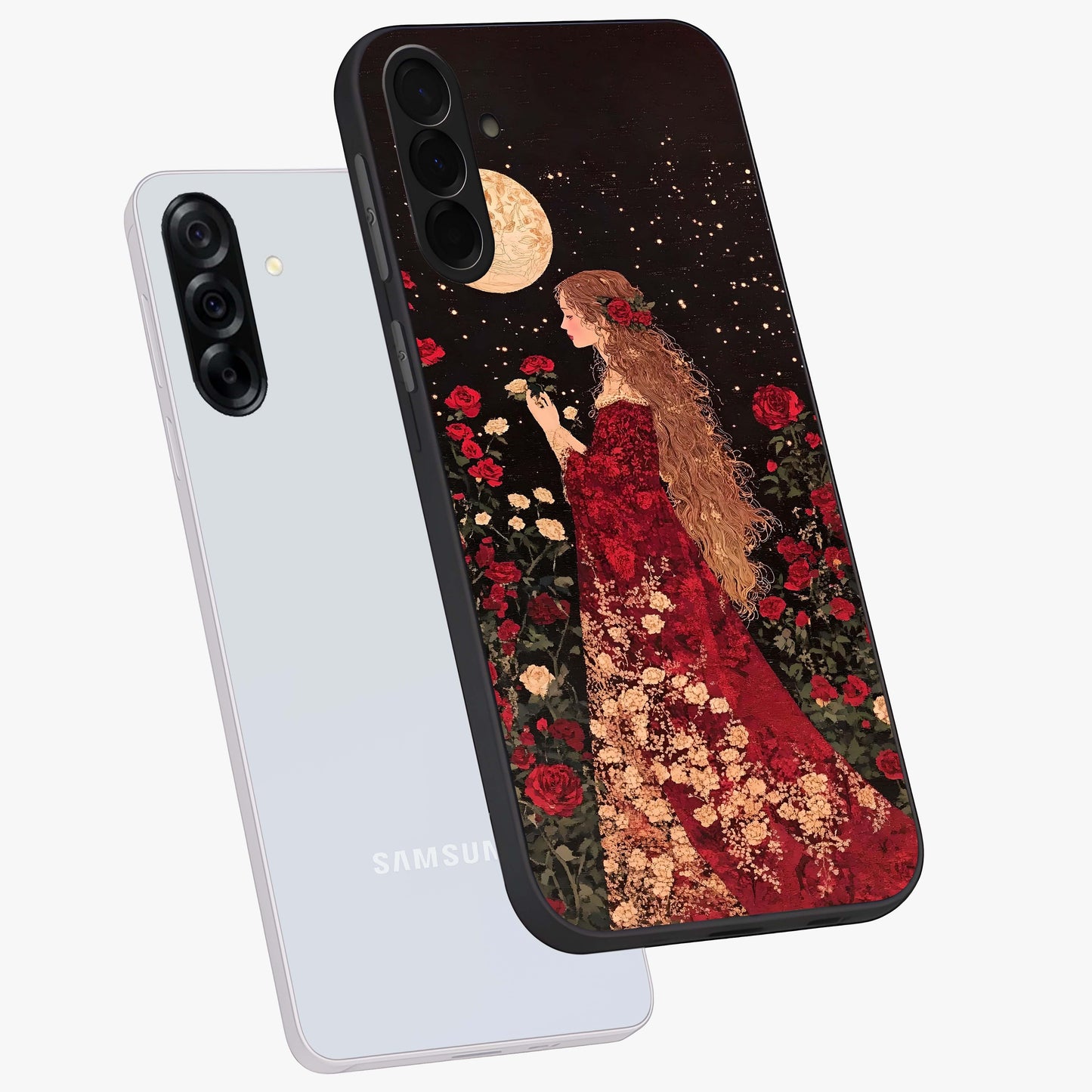 Crimson Dreams Glass Case displayed in angled mockup highlighting soft crimson aesthetic design with artistic theme.