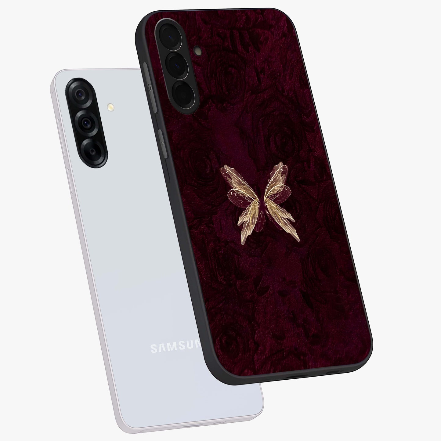 Crimson Fade Butterfly Glass Case displayed in angled mockup highlighting elegant butterfly design with crimson gradient aesthetic.