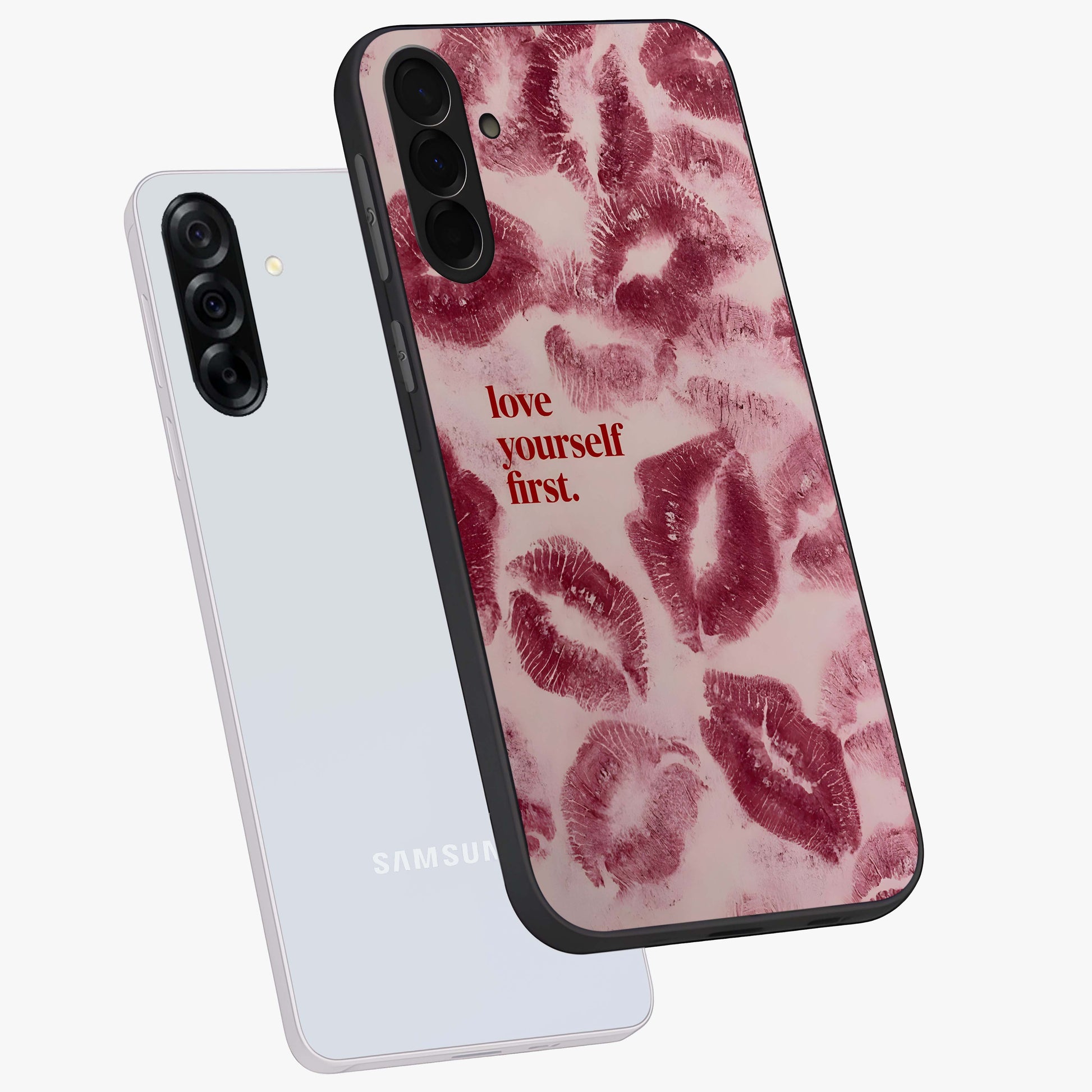 Crimson Kiss Love Glass Case displayed in angled mockup highlighting bold love inspired design with modern aesthetic style.