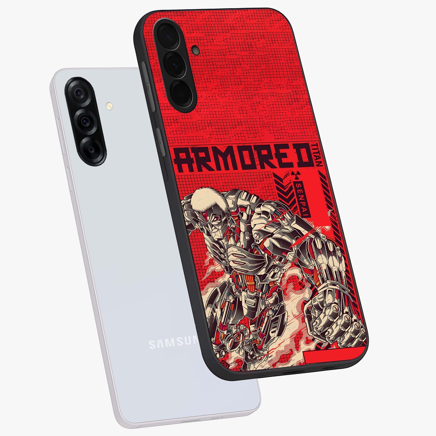 Crimson Mecha Titan Glass Case displayed in angled mockup highlighting futuristic mech illustration with bold crimson aesthetic.