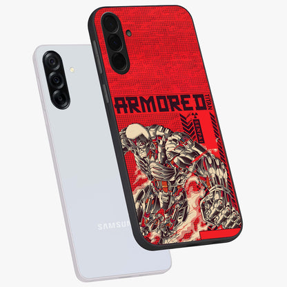 Crimson Mecha Titan Glass Case displayed in angled mockup highlighting futuristic mech illustration with bold crimson aesthetic.