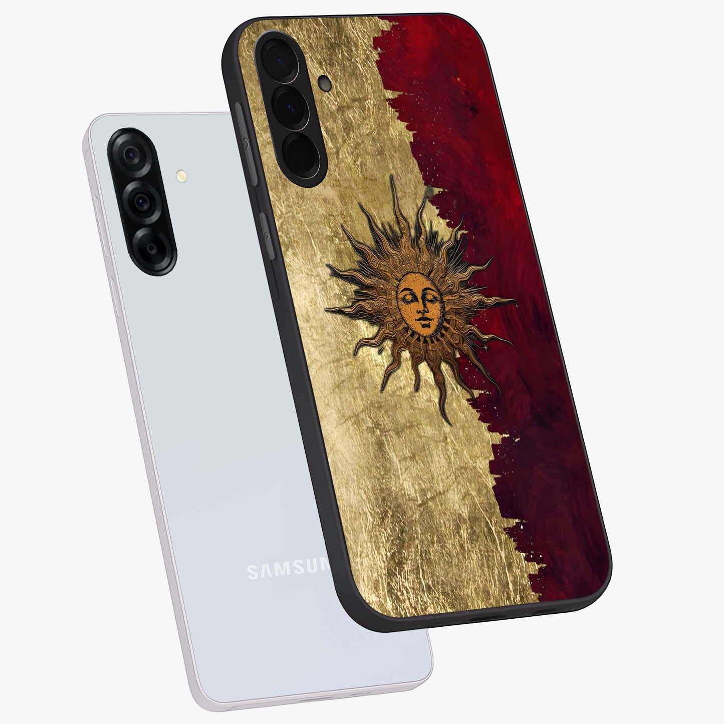 Crimson Sun Majesty Glass Case displayed in angled mockup highlighting majestic crimson sun design with bold aesthetic style.