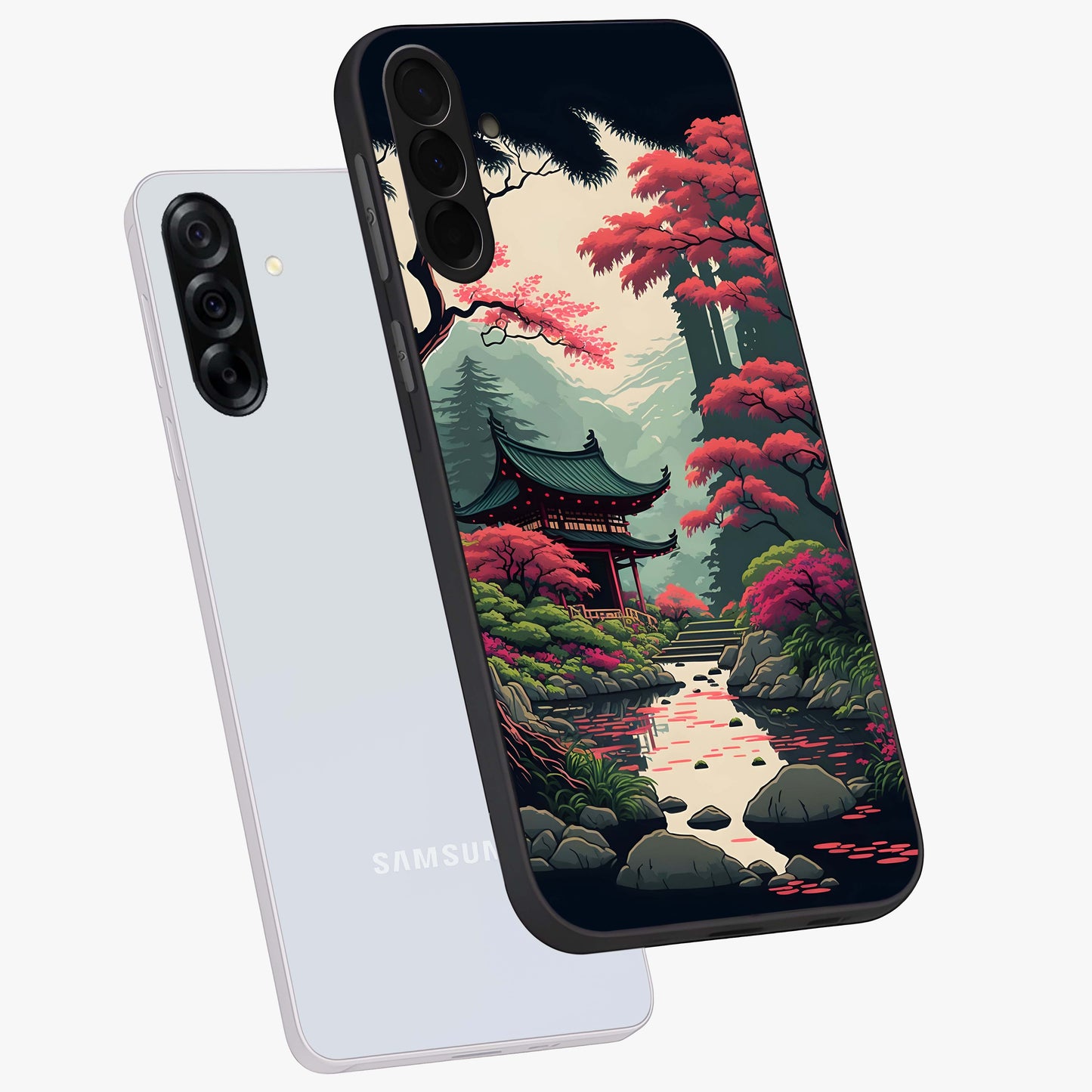 Crimson Temple View Glass Case displayed in angled mockup highlighting traditional temple illustration with crimson aesthetic.