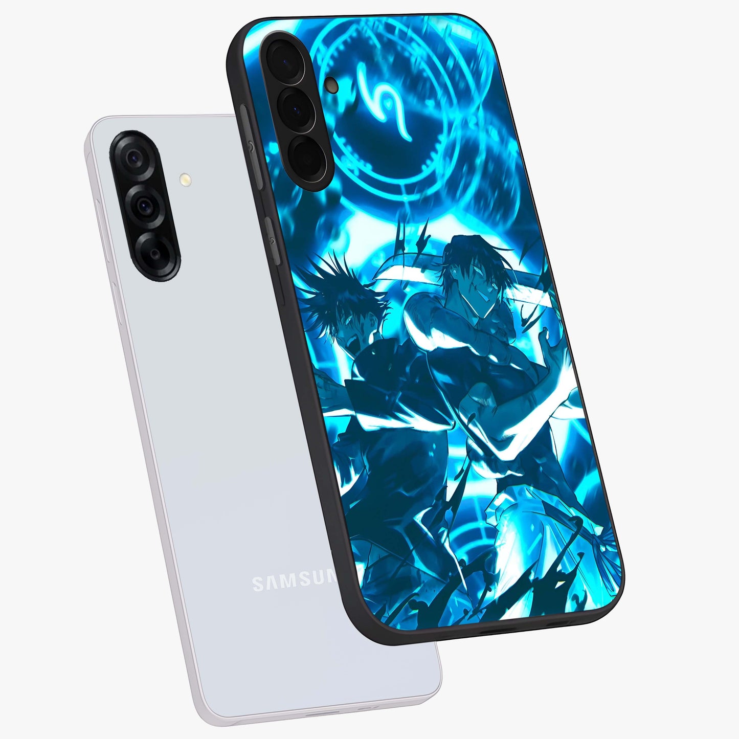 Cursed Energy Clash Glass Case displayed in angled mockup highlighting powerful battle inspired graphic with anime style aesthetic.