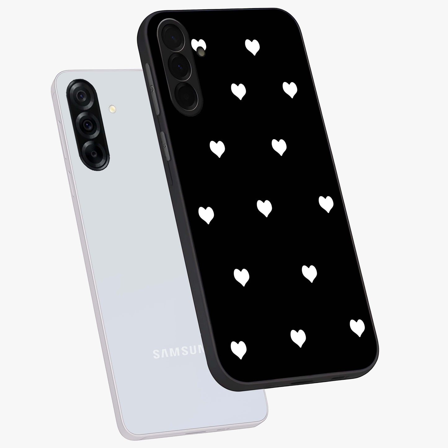 Cute And Simple White Hearts Glass Case displayed in angled mockup highlighting cute heart design with clean aesthetic style.