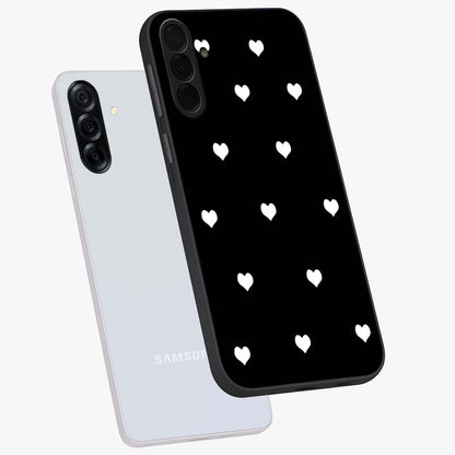 Cute And Simple White Hearts Glass Case displayed in angled mockup highlighting cute heart design with clean aesthetic style.