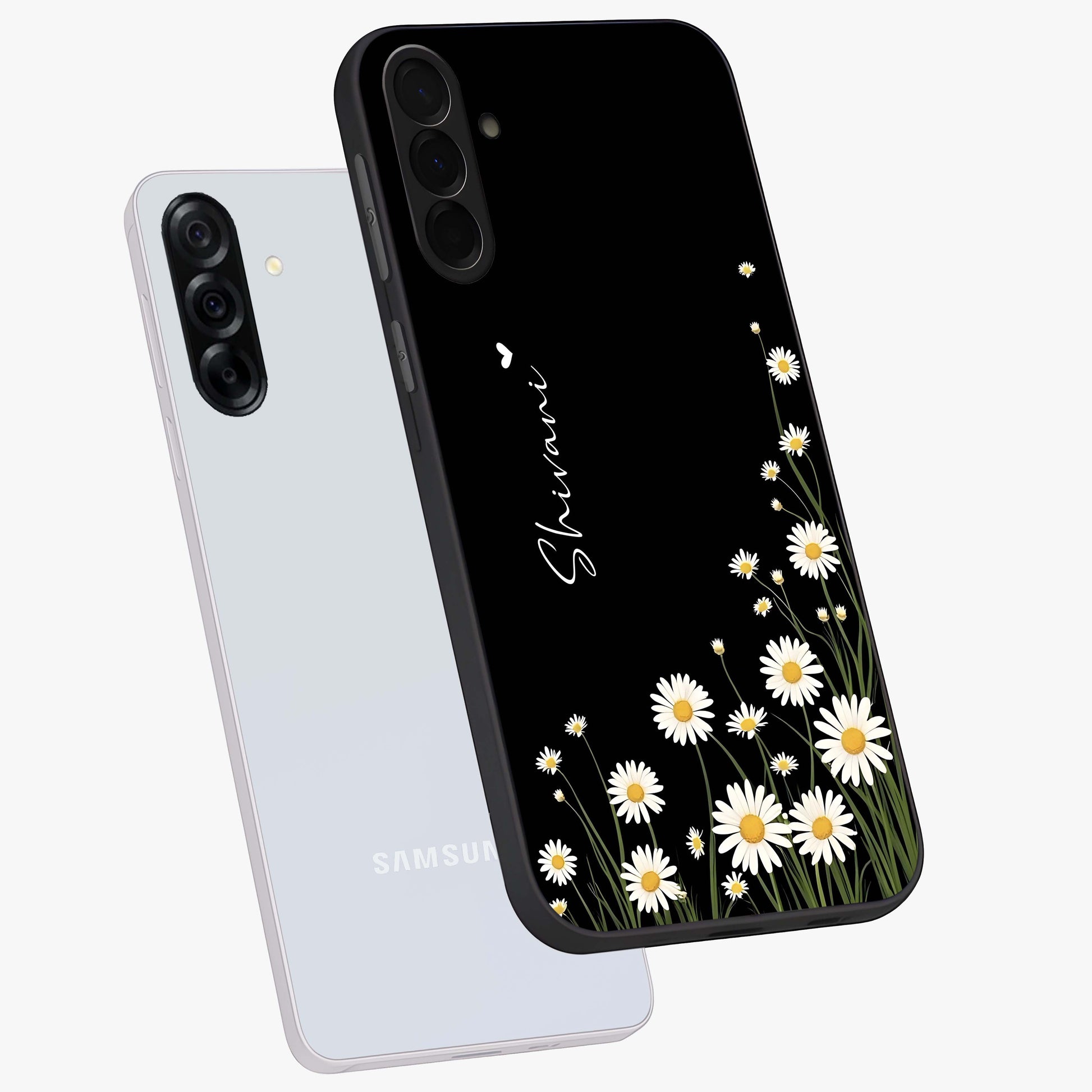 Daisy Cascade Custom Name Glass Case displayed in angled mockup highlighting delicate daisy artwork with custom name feature.
