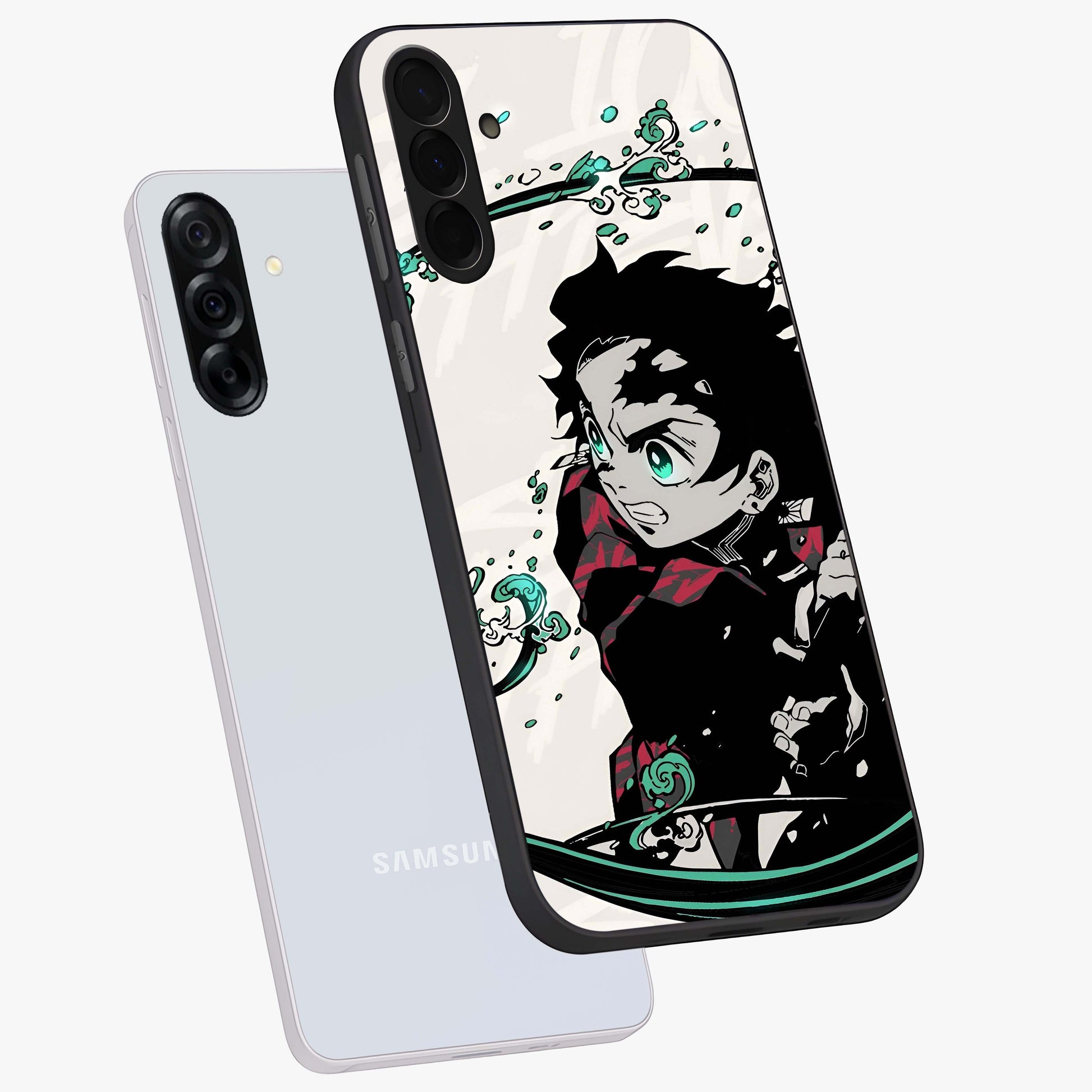 Demon Slayer Glass Case displayed in angled mockup highlighting dramatic anime character design with action aesthetic.