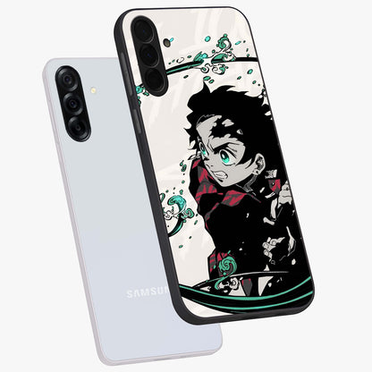 Demon Slayer Glass Case displayed in angled mockup highlighting dramatic anime character design with action aesthetic.