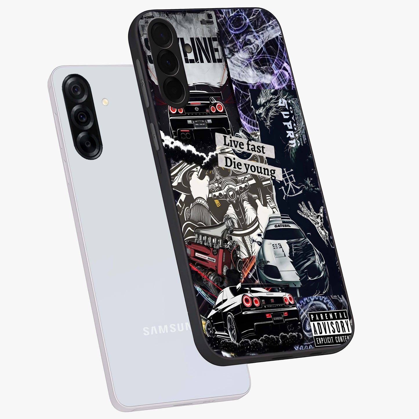 Die Young Glass Case displayed in angled mockup highlighting expressive graphic artwork with edgy aesthetic style.