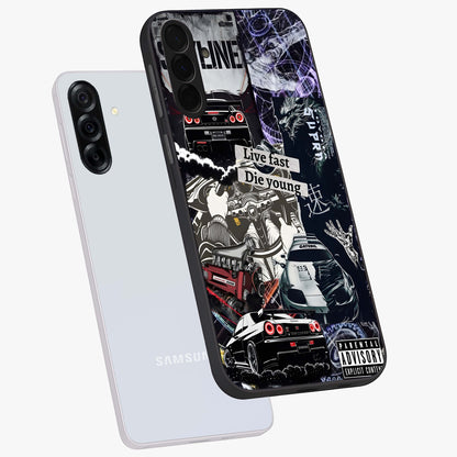 Die Young Glass Case displayed in angled mockup highlighting expressive graphic artwork with edgy aesthetic style.
