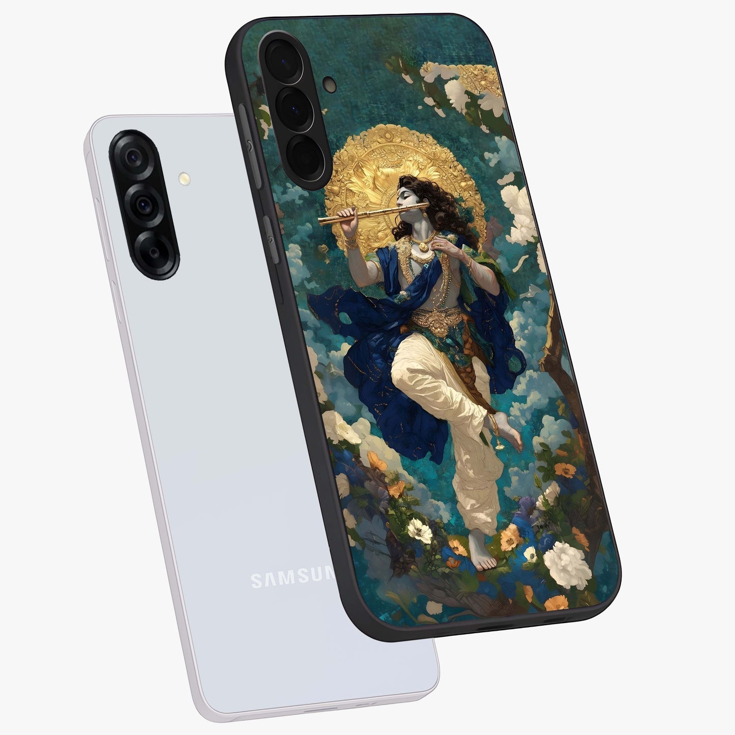 Divine Krishna Art Glass Case displayed in angled mockup highlighting spiritual Krishna illustration with devotional aesthetic.