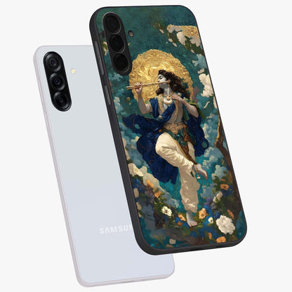 Divine Krishna Art Glass Case displayed in angled mockup highlighting spiritual Krishna illustration with devotional aesthetic.